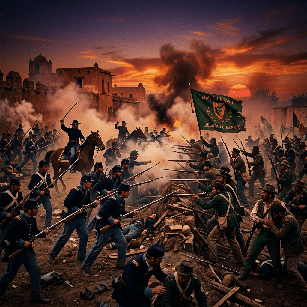 Soldiers in blue and green uniforms fighting over a wall with rifles and smoke in the background